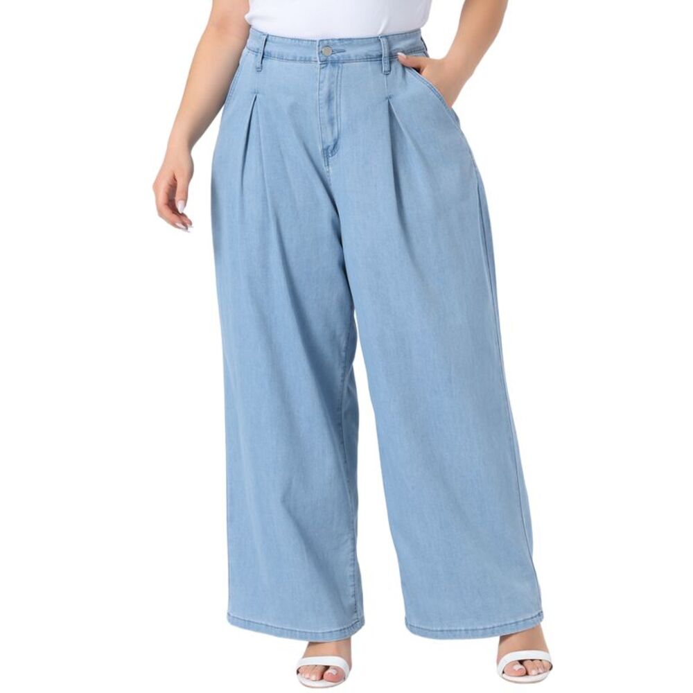 Women Plus Size High Waisted Stretchy Wide Leg Denim Jeans Light Blue